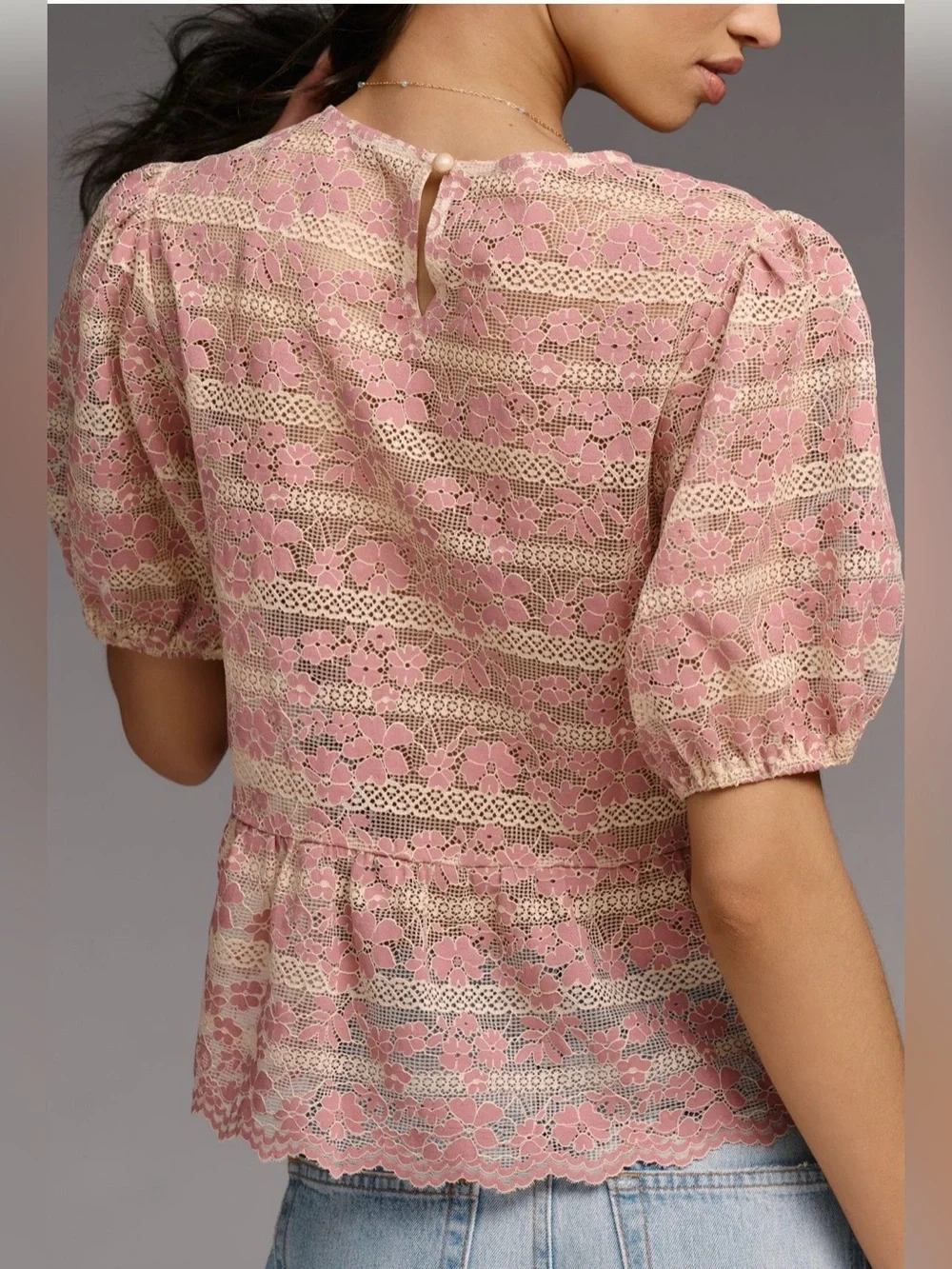 NWT Anthropologie Pink Lace Short Puff Sleeve Peplum Top Size L